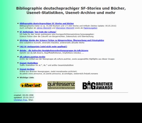 Bibliographie deutschsprachiger SF Stories und Bücher  Usenet Statistiken  Usenet Archive und mehr  Öffnungszeit