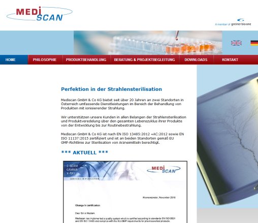 Mediscan: Perfektion in der Strahlensterilisation  Perfection in Radiation Sterilization / a member of greiner bio one Mediscan GmbH & Co KG Öffnungszeit