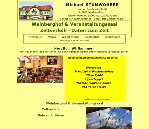 Michael STUMWÖHRER · Weinberghof · Veranstaltungssaal · Zeltverleih · Peda´s Disco · Bierpub  Öffnungszeit